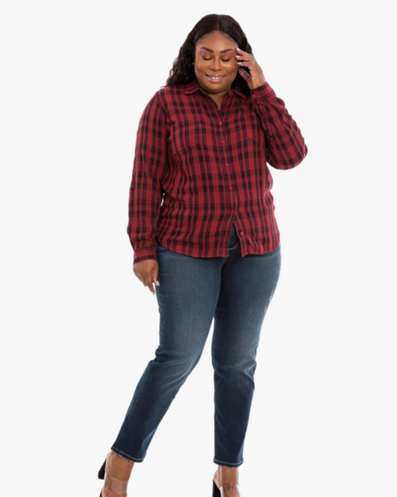 Front of a model wearing a size 0 Makena Plaid Western Shirt in BURGUNDY by Slink Jeans. | dia_product_style_image_id:256277